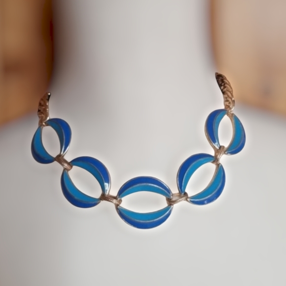 Vintage Mid Century Blue Enamel Goldtone Trim Statement Necklace - Picture 12 of 13